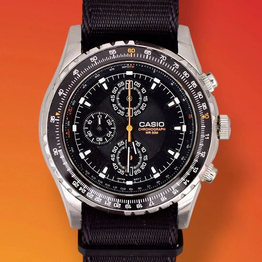 Casio MTP-4500 Chronograph Quartz NATO Strap Band Battery Gasket Orange Black